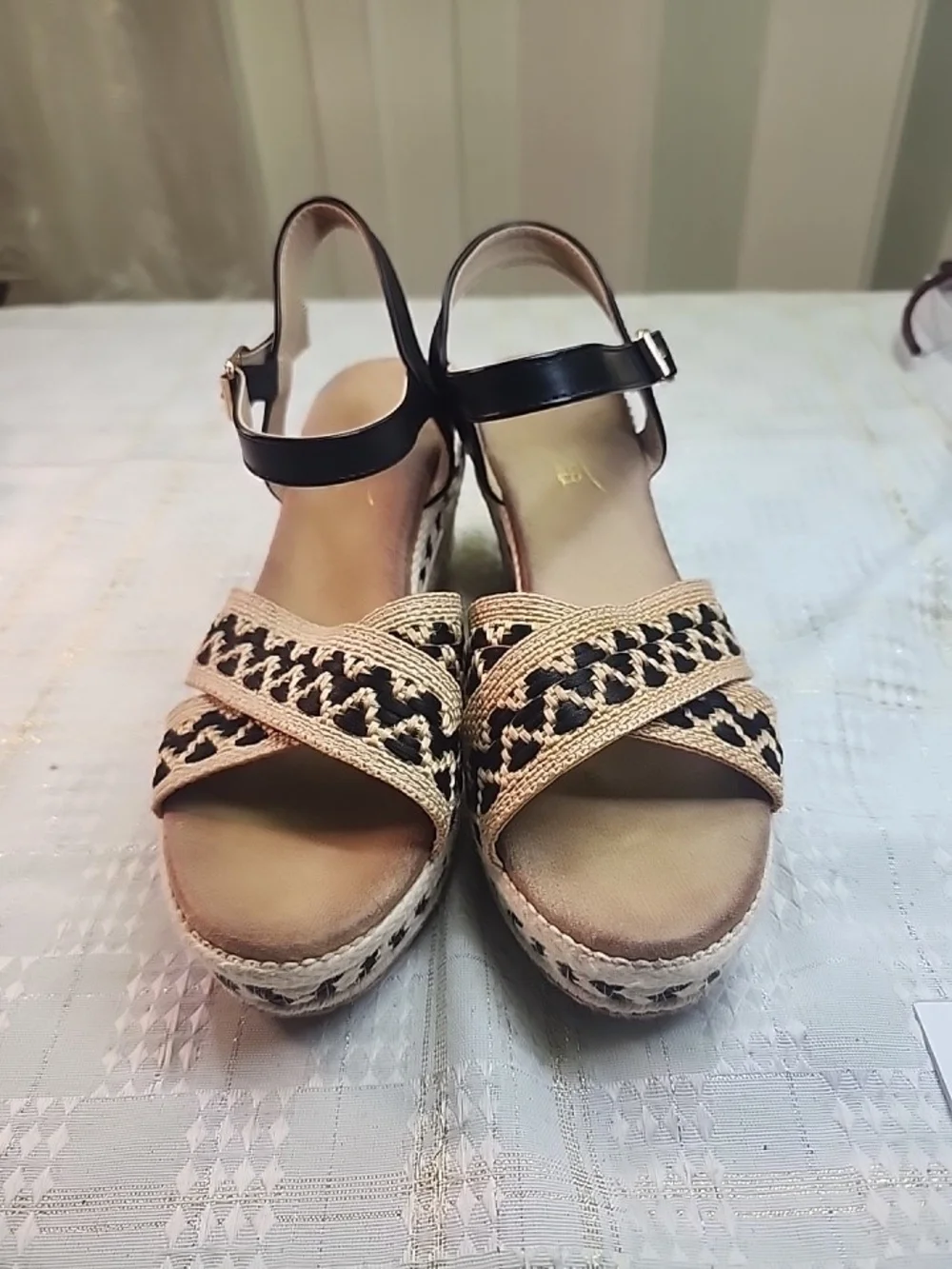 Braided Espadrille Wedge Sandals - Black and Natural